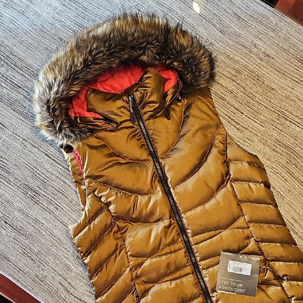 Bronze Gold Puffer Vest w/Gorgeous Faux Fur Hood NWT Eddie Bauer